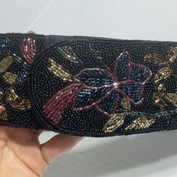VTG 80s 70s Black Sz S XS Beaded Waist Belt Retro Goth Grunge Floral 3” Regale - Picture 6 of 14